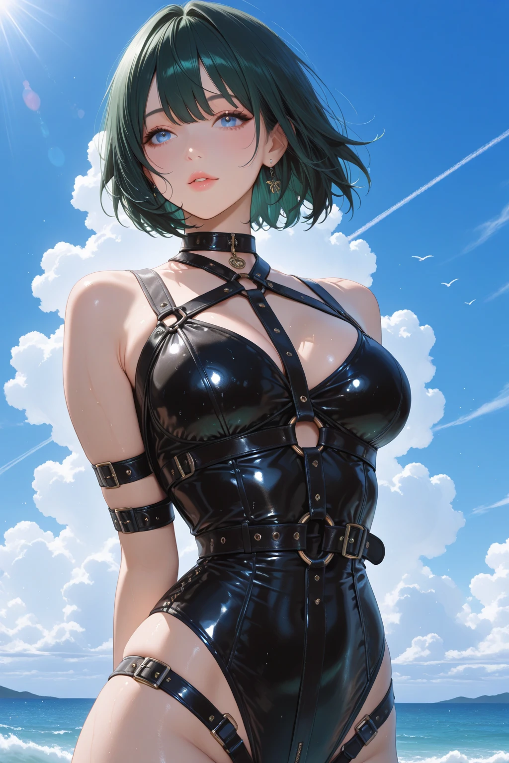 (((Back))), high art, (masterpiece, best quality:1.2), solo, 1girl, 12 years old, young girl, flat chest, huge ass, tatsumaki, unamused, closed mouth, looking at viewer, green medium hair, baby face, cute face, black slit dress, pelvic curtain dress, blue sky background, huge ass