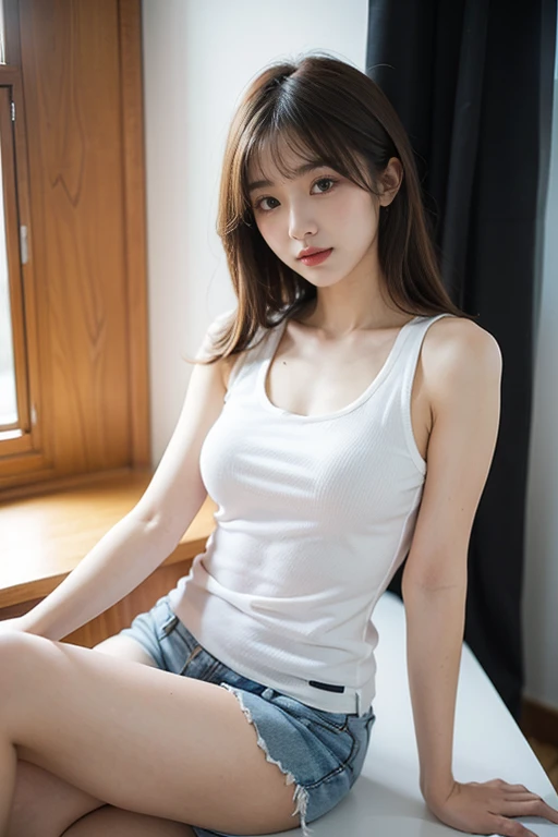 ((Top quality、8k、Master School:1.3、In the company、OL、Office casual setting、 Long hair,, 32 inches chest size, Grey Camisole Vest, shorts,White shoes , Nikon, Ultra HD 1 Girl、slender beauty:1.3、Oval face,Phoenix Eyes,Eyebrow, Double eyelids, Long eyelashes, A faint smile, ,Super detail face、Exquisite eyes、Double eyelids、smiling facial expression、(sexy pose),whole body、brown hair、necklace,Tanned skin、20 years old、beaver、shortcut、piece、 look、stare、Houseplant、verdant、look到whole body、window,RHA30