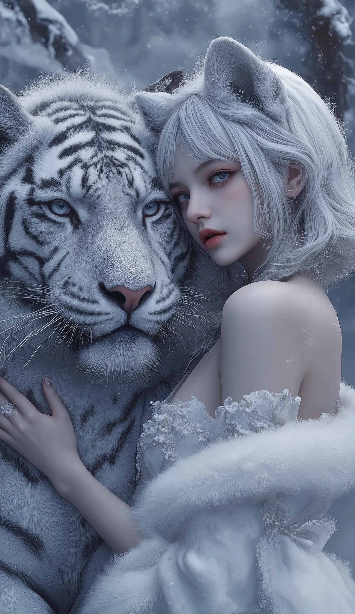 a Masterpiece, image of a woman with toned skin, shoulder length silver hair framed her face and hides her human ears completely, striking facial features include sharp cheekbones, juicy lips, and blue eyes, she has a tiger ears, jaw dropping beauty with perfect cuteness face, wearing white dress with addition of white fur, the dress is showing her elegance and beautiful body, slender, ample breast, tempting cleavage, and beautiful big hips. she is lean to a giant white tiger, a tiger white fur and silver stripes, the tiger has striking azure eyes. they are on a snowy forest, winter, ((the snows fall:1.6)), ((warm steam breath:1.4)), the snow falls emphasizing their surreal and otherworldly appearance, fantastical and hyper-realistic, blending elements wild sexiness and mythological elegance, hyper realistic, anatomically correct, cinematic color grading, nq