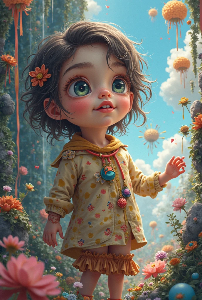 Create an image that represents the transformation of a stone girl into a flower. The image should show a young girl with a serious expression, with parts of its body covered by a stone shell. Small cracks appear on the surface of the stone, and through them a delicate flower begins to emerge, growing from the girl's heart. The flower must be vibrant and full of life, contrasting with the rigidity of the stone, symbolizing the resignification and rebirth from its pain. The setting should convey a sense of hope and resilience., with natural elements, like sunbeams or raindrops, to highlight the idea that even the hardest rocks can bloom.