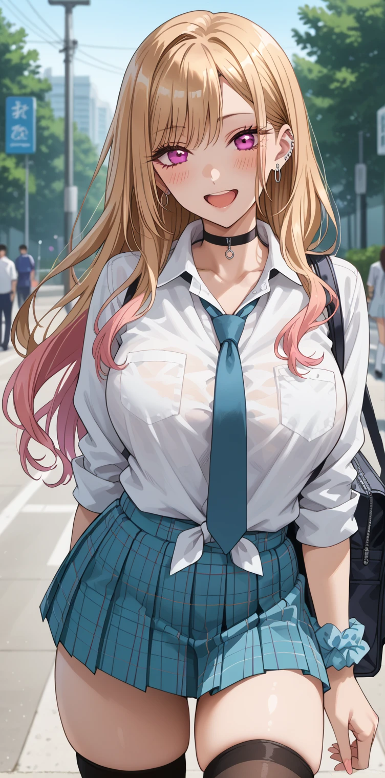 long hair, cleavage, navel, slim legs, blonde hair, skirt, Kitagawa marin, school uniform, class