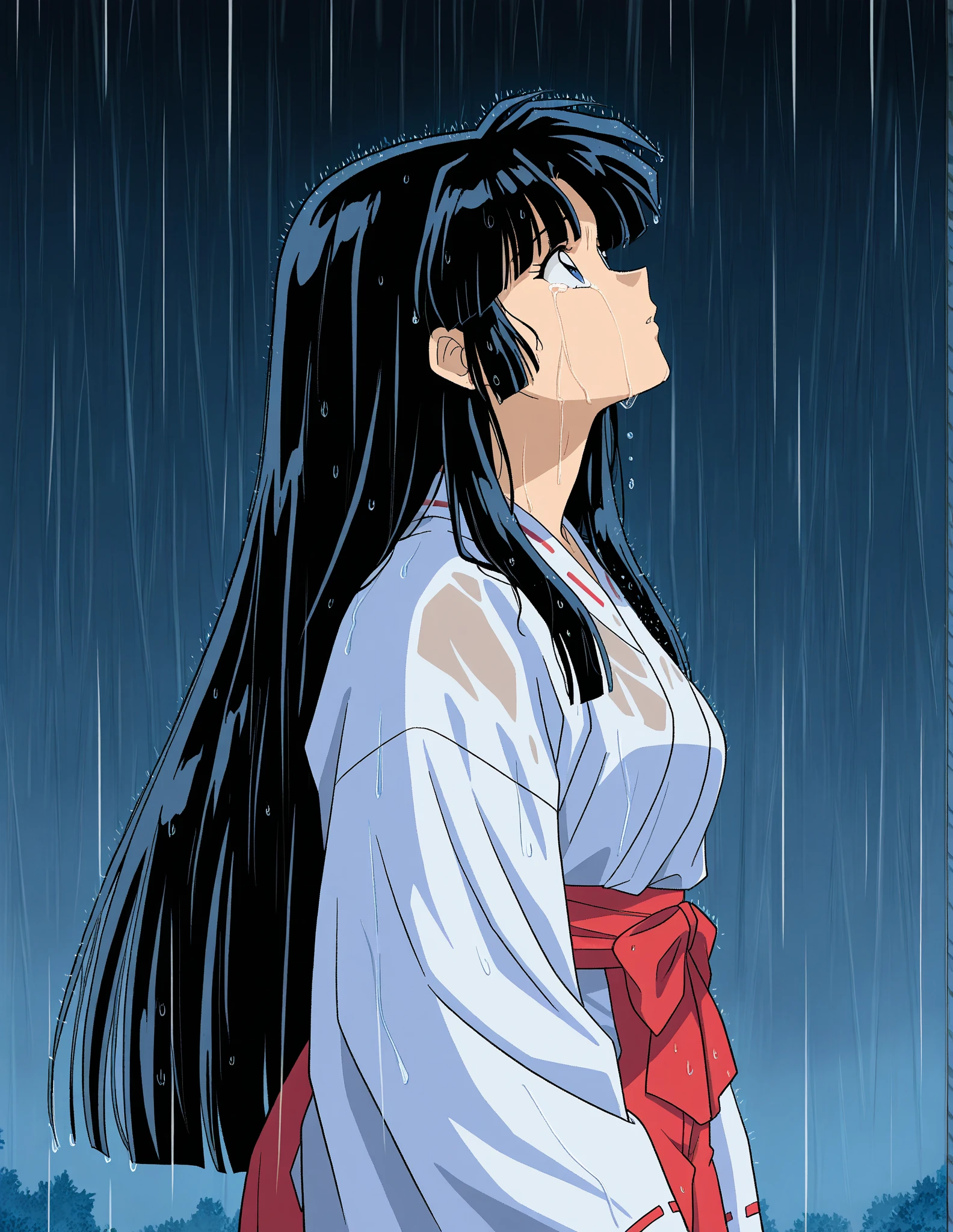 (masterpiece, best quality, detailed), 1girl, solo, looking at viewer, <lora:YatsuMurasaki:0.85>, yatsu murasaki, mature female, red eyes, blue hair, long hair, bangs, (samurai:1.2), japanese clothes, hakama, hairband, outdoors, storm, ((rain)), cloudy sky, dark clouds, sky, lightning, wind, hands in pockets, head tilt, (hakama pants), waves, mountainous horizon, wet clothes, wet, wet hair, angry, parted lips