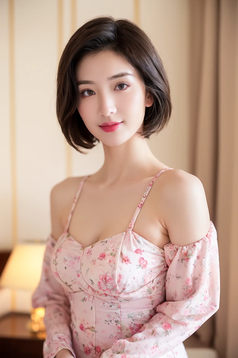 high quality,8K, Detailed facial depiction, Detailed description of the eyes,Angle from directly above,One Woman, Light brown hair(Short Hair),Beautiful Japanese Girl,24-years-old,Cute eyes,Cute Smile,Red floral lace underwear,String panties,Sexy body, Large, plump breast size, Long and beautiful legs,Smiling, Colorful earrings,necklace,Are standing,Beautiful nape,Japan tatami room,Feminine and sexy gestures,wind chimes,A tatami bedroom with futons,Lying on your back on a futon,Sleeping facing up