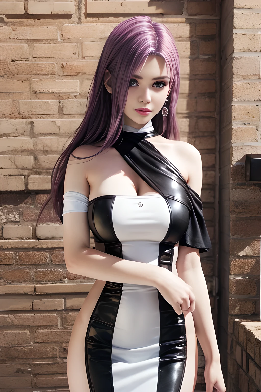 masterpiece, best quality, high resolution, 1 girl, Colored hair, hair covering one eye, Red hair, multicoloRed hair, long hair, purple eyes, bicolor hair, hair ring, earphone, white hair, , Bangs, very long hair, medium breasts, black skirt,(huge breasts:1.2),wet skin
