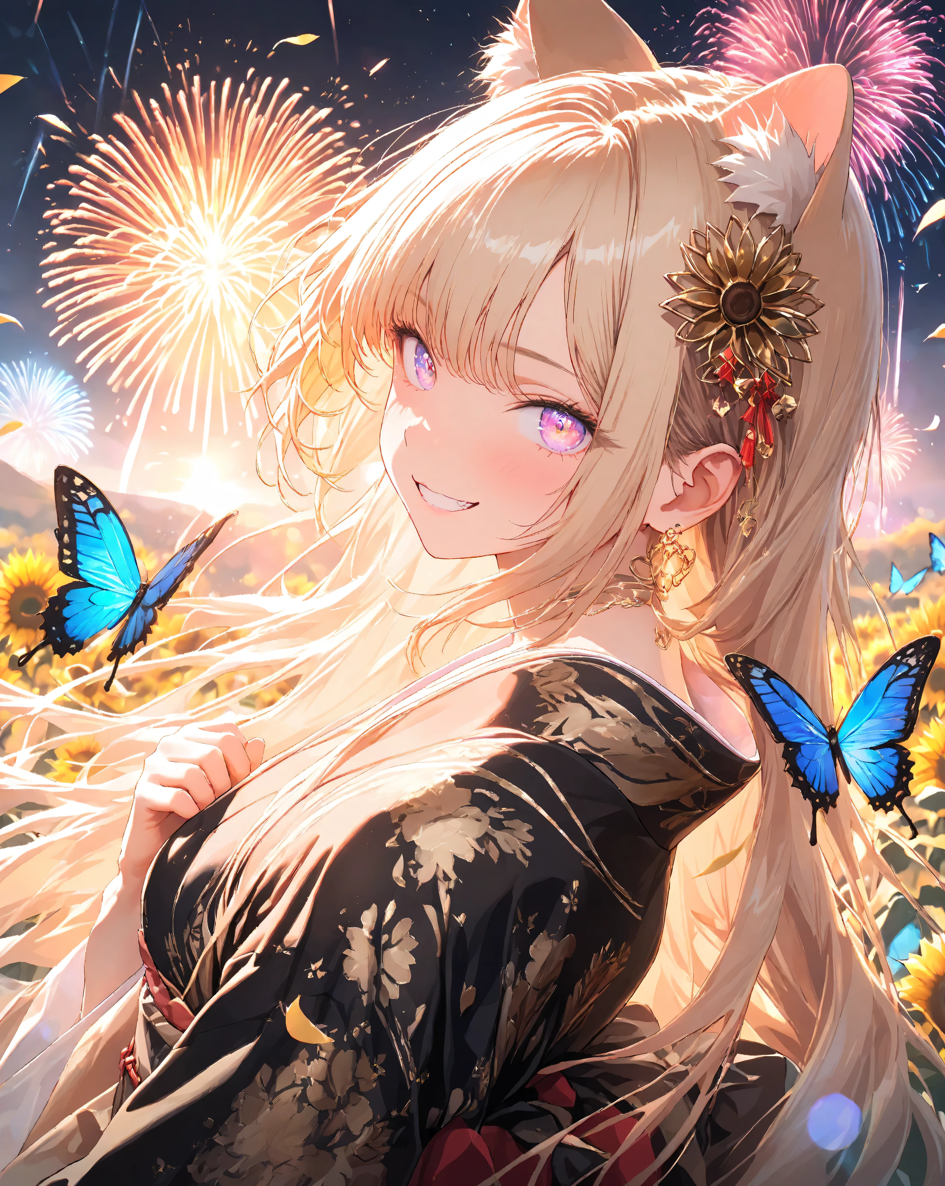 Quality: 
(high score), (masterpiece, detailed:1.2), (ultra-detailed), (ultra-quality), (super-resolution),

Art Style: 
(photorealistic):1.4, (2.5D):1.5, (warm cinematic lighting):1.5, (volumetric light rays):1.4, (vibrant sunset to night palette):1.3, (ethereal atmosphere):1.2, (dreamy aesthetic):1.1,

Subject: 
(close up), (upper body), (Foreground), (Breathtaking Fairy Cat Woman):1.5, (Sassy Paw pose):1.2, (triumphant-grin):1.4, 
(delicate vivid eyes), (delicate lips),(smooth Slender body lines):1.3, (translucent skin), (graceful legs), (delicate contours), 
(blonde hair with Soft Light):1.2, shimmering with light, detailed strands, silky texture, flowing in wind, natural highlights, (delicate cat ears):1.3, (delicate cat tail):1.3, (kimono with cat tail):1.2,

Outfit: 
(black kimono with gold floral patterns):1.6, (soft chiffon fabric):1.4, (golden obiage):1.3, (red obijime):1.3, (golden fukuro obi with floral pattern):1.4, (zori sandals), draped sleeves, red collar accents, red ribbon in hair, sunflower hair ornament,

Background: 
(night sky with vibrant fireworks):1.5, (colorful bursts in red, gold, purple), (orange to dark blue gradient), (sunflower field):1.4, (sunflowers facing sky), (detailed petals), (bokeh effect):1.3, (shallow depth), 
(distant hills):1.2, (blurred background), (lighting to night), (lens flare), (moonlight rays):1.1, (dust particles), (sunflower petals to glowing butterflies):1.3, (iridescent wings with ethereal light), (butterflies with fireworks), (glowing trails), (magical particles),

