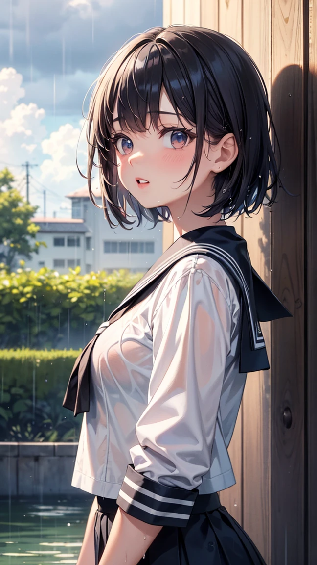 Digital Portrait、Realistic depiction of the human body、RAW Photos、((Wallpaper 8k)), ((Quality in every detail:1.2)), 1 girl, 14age、Kind eyes、Fuller lips、Black Hair、Malaise、(((Sailor suit)))、Dress shirt、, look up, Widespread poverty, (((Shortcuts、short hair )))、White skin、night、rain、Full body photo、bicycle、Bicycle parking、Wet、Transparent、See-through、