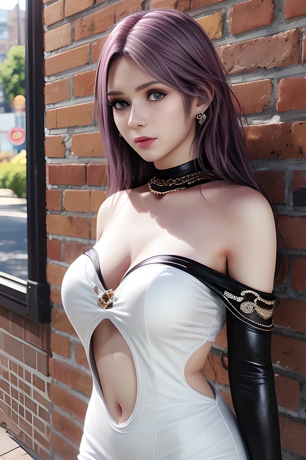 1 girl,standing posture,Corsets and corset-like undergarments,(Body chain), outdoor,elegant,shiny skin,( huge breasts),split, red lips,( tattoo:1.3), masterpiece, best quality, actual , 8K,Portrait Art,alone,  Elise,