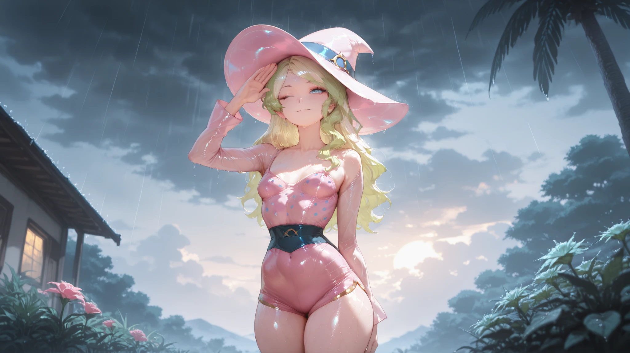 (((beautiful soaked wet body))),(((fluttershy as a sweet kind lovely charming hot seductive horny model))), (((very long pink hair))) (((pink brows))),(((green eyes))),(((heavy raining fantasy jungle))),(((stand between two trees wide spread legs posing with the trees soaked wet )))), (((lewd and erotic and lustful posing))),(((inside flower field swamp))), (((happy wicked smile))) ,(((nude and naked ))) , (((((upskirt view))))) , (((pink witch hat))),breasts are visible , (((wear high heels))) ,golden bracelets , (((perfect breasts))) , lush breasts , Bulky Breasts , voluminous breasts ,(((smiling peeping the viewer))),(((bare belly))),(((bare legs))),(((side close view)))