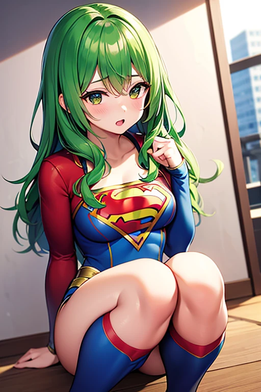 (Masterpiece, Best Quality:1.2), solo, 1girl, tatsumaki, unamused, closed mouth, looking at viewer, hand on our face, sitting, she wears a full Superman suit, a full suit, (red short skirt), a blue-black top, a red cape, Superman, a capital letter on her chest, flying in the air