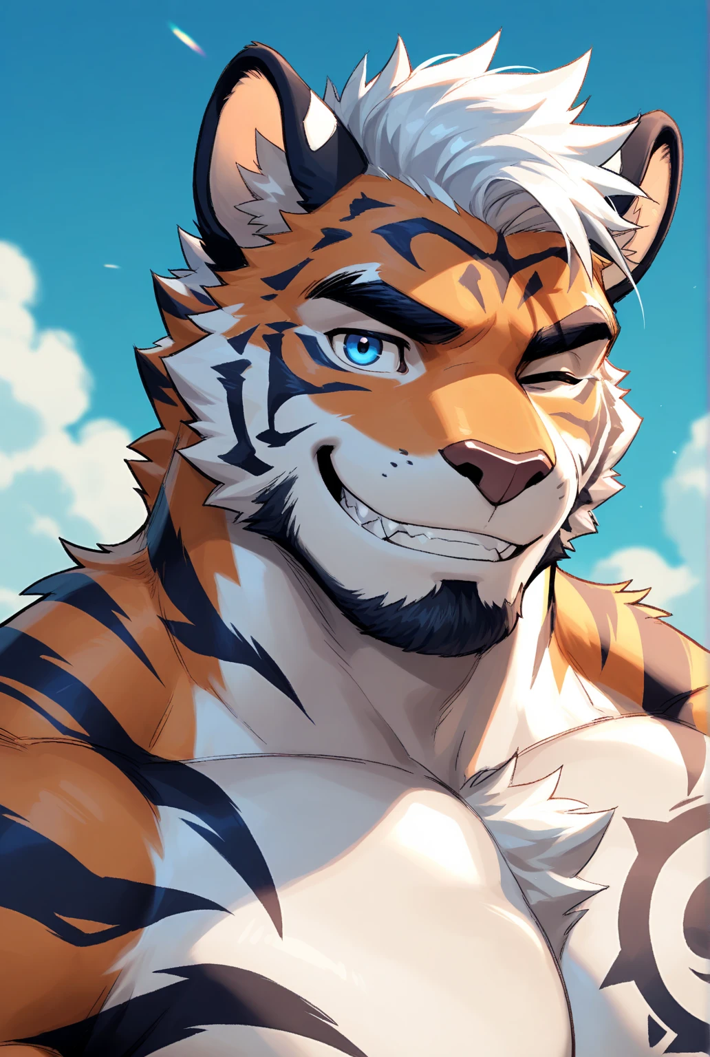 (Imagine:1.5), solitary, anthropology, hairy, hairy male, tiger, ((Fluffy fur, Fluffy, hairy body)), (Snow leopard print), (thick eyebrows), youth, muscular, The skin is white and big, Blue-gray pupils, Detailed teeth, , sideways, 害羞expression, 淡淡的Smile, blush, (動態posture:1.5), clear facial features, strong, majestic, solitary, panoramic, Fog atmosphere, early morning, Tyndall light effect, (author:ghost of emptiness, From Snow Leopard 20, masterpiece, high quality, High resolution,8K)Animal species**:tiger - **color**:black and white - **expression**:Smile,blush - **decorate**:Blue and pink wreath - **posture**:lying down,Hand reaching for the camera - **Scenes**:green grassland - **detail**:草原上有各式color的小花 - **visual angle**:俯視 - tiger躺在草地上,從俯visual angle度看過去。 - tiger的頭部微微傾斜,臉上帶著Smile,There is a slight blush on the cheeks。 - One hand reaches towards the camera,Seems to be greeting the audience。 - Wearing a wreath of blue and pink flowers on her head。 - 草地上有各種color的小花,background soft tones,Bright colors。Male Male