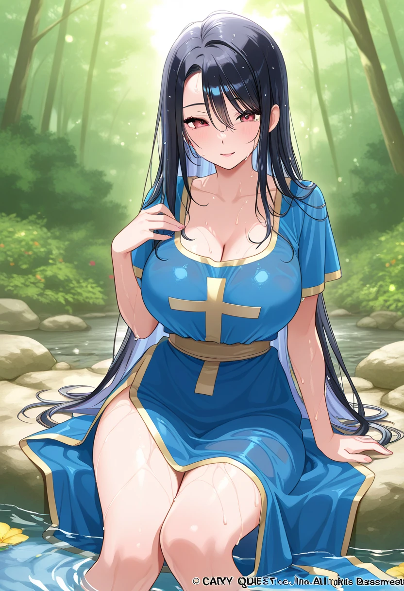 The character has long black hair,Bangs cover the left eye,Blue-black dress,Dress conservatively、ellegance,Small under the chest,Paired with blue roses and rosemary,Sit on grass,Reading a book against a big tree