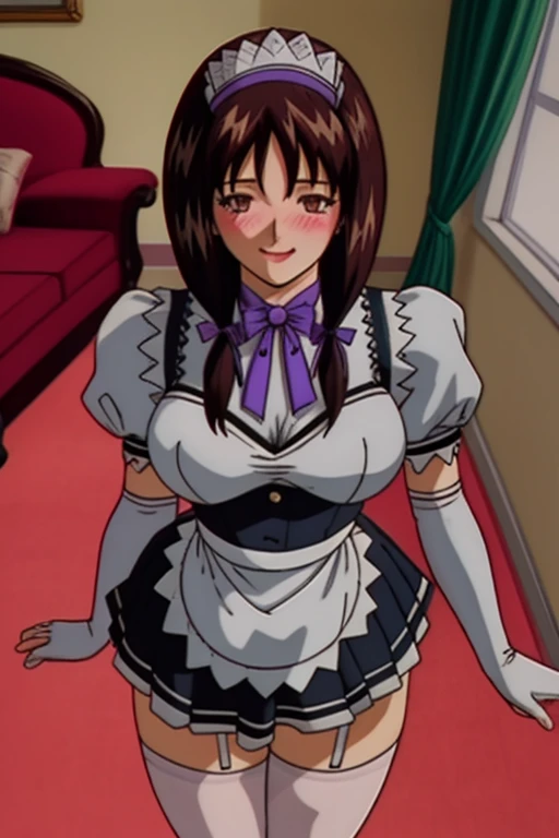 (highres, high quality:1.2), intricate details, cinematic lighting, retro artstyle, 1990s \(style\),
NanaMorimura, 1girl, mature female, solo, standing, (hands on own stomach:1.1), cowboy shot,
(looking down:1.1), blush,
brown hair, long hair, brown eyes, (hair ribbon:1.1),
maid, maid headdress, bowtie, maid apron, black shirt, puffy short sleeves, miniskirt, white thighhighs, garter straps,
(curvy:1.1), large breasts,
indoors, luxury room, window, mansion, wall,
<lora:NanaMorimura:0.95>
