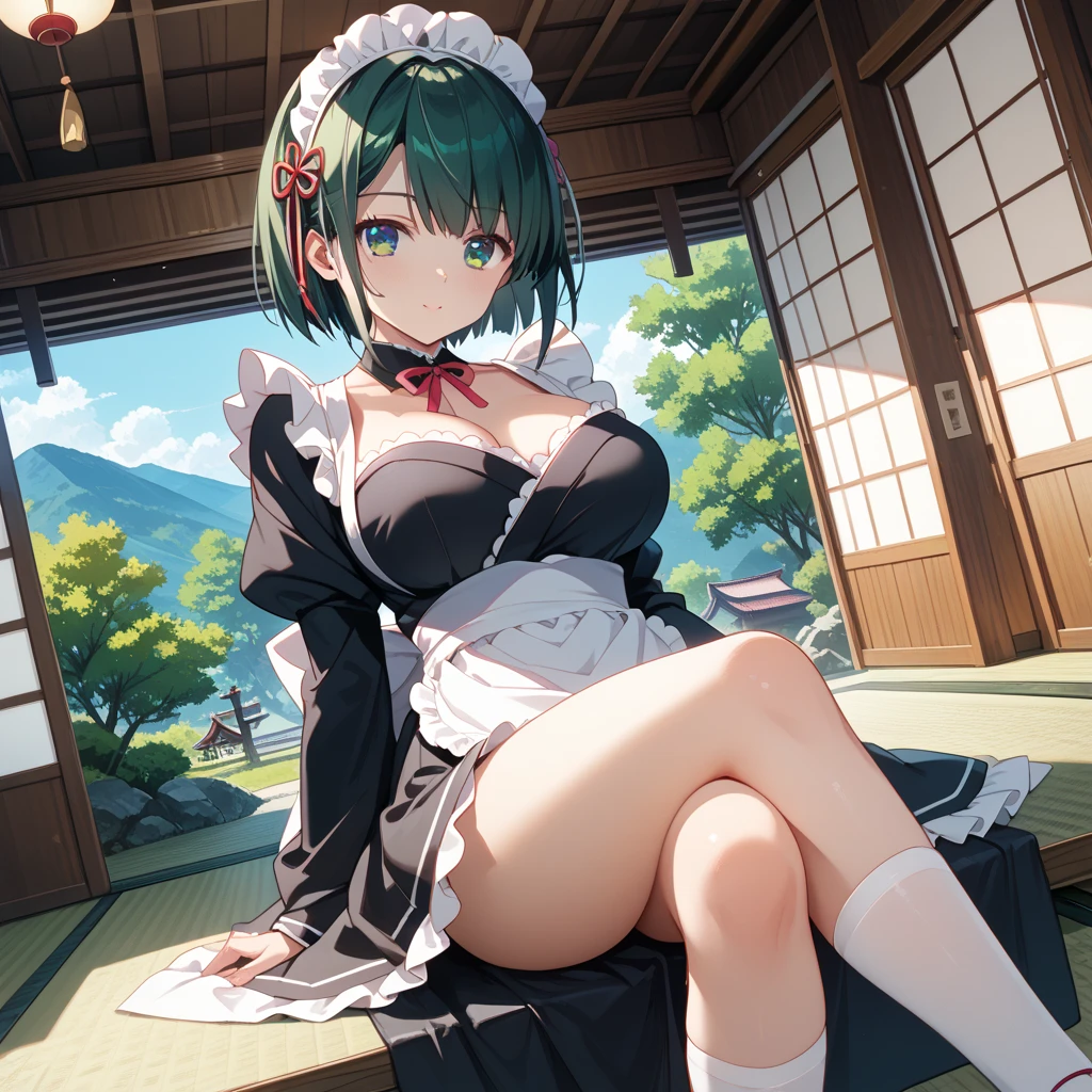 (masterpiece), highest quality, High resolution, Very detailed, Detailed Background, Perfect lighting, House in the Forest、1 girl, bed、Maid clothes、Big Breasts、Wrapping angle度、2本のWrapping angle度、Tie up、Big Ass Green Hair、Purple eyes、short hair、two big horns、Wrapping angle、front、Embarrassed face、smile、sheep'Horn、Audience'Perspective、from before、Beautiful leg lines、Attractive pose、Sensual、shit、MSpread your legs、Legs wide open