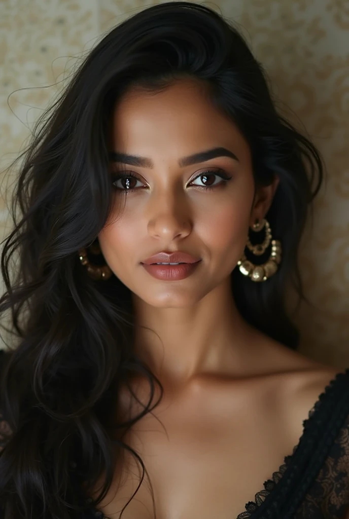 (((ultra realistic))) Photo, masterpiece, top quality, (pale skin), (Ultra detailed face and eyes:1.3), Indian 1 girl, in a beautiful black(goldon embroidery)dress, (Eye makeup, mascara) , Beautiful ,23 years young Indian girl healthy,indian girl with brown skin, cheerful smile looking,8k,realistic, raw photo,dark brown hair,fair skin, indian,long hair,clear facial features,, very detailed, 23years old, innocent face, natural wavy hair, high resolution, masterpiece, best quality, intricate details, highly detailed, sharp focus, detailed skin, realistic skin texture, texture, detailed eyes, professional, 4k, charming smile, shot on Canon, 85mm, shallow depth of field, kodak vision color, perfect fit body, extremely detailed, foto_\(ultra\), photorealistic, realistic, post-processing, maximum detail, roughness, real life, ultra realistic, photorealism, photography, 8k uhd, photography