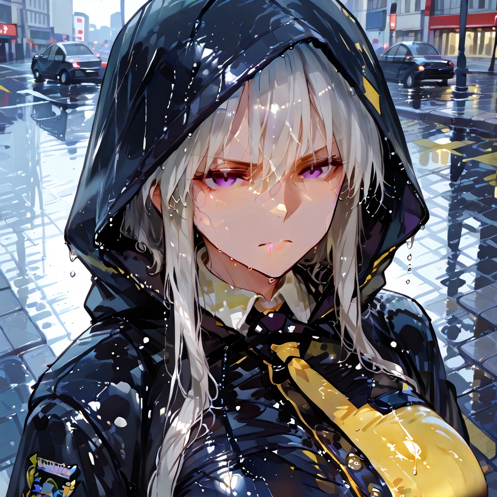 A woman wearing a black raincoat with yellow details, woman with silver hair, wet hair, purple eyes, serious face, on a sidewalk in a big city, , rainwater falling on the place, sidewalk filled with water, close view of the woman. (Azur_lane, Enterprise.)
