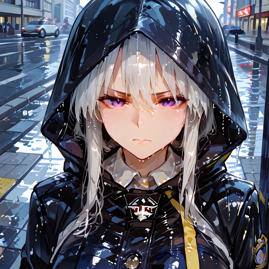 A woman wearing a black raincoat with yellow details, woman with silver hair, wet hair, purple eyes, serious face, on a sidewalk in a big city, , rainwater falling on the place, sidewalk filled with water, close view of the woman. (Azur_lane, Enterprise.)
