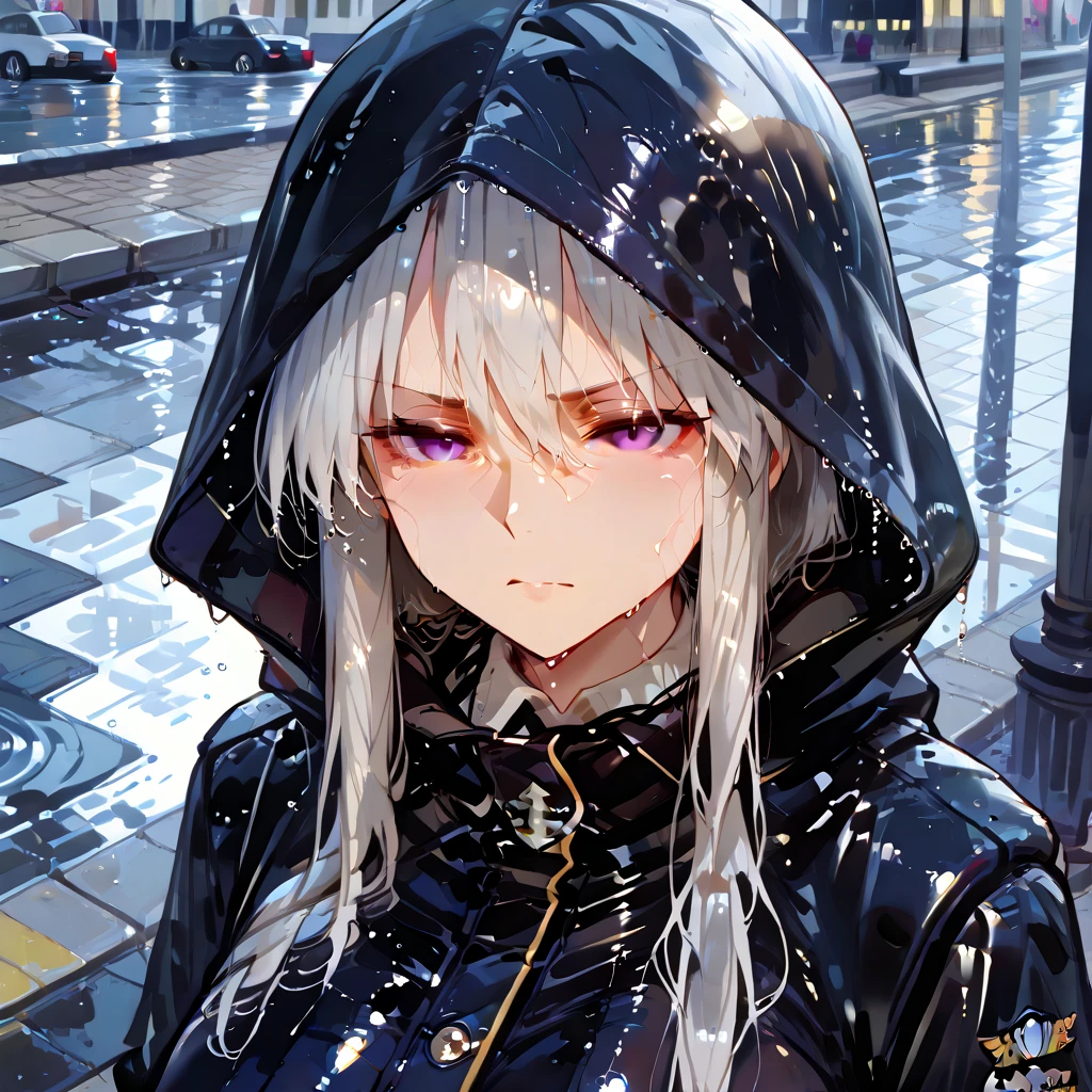 A woman wearing a black raincoat with yellow details, woman with silver hair, wet hair, purple eyes, serious face, on a sidewalk in a big city, , rainwater falling on the place, sidewalk filled with water, close view of the woman. (Azur_lane, Enterprise.)
