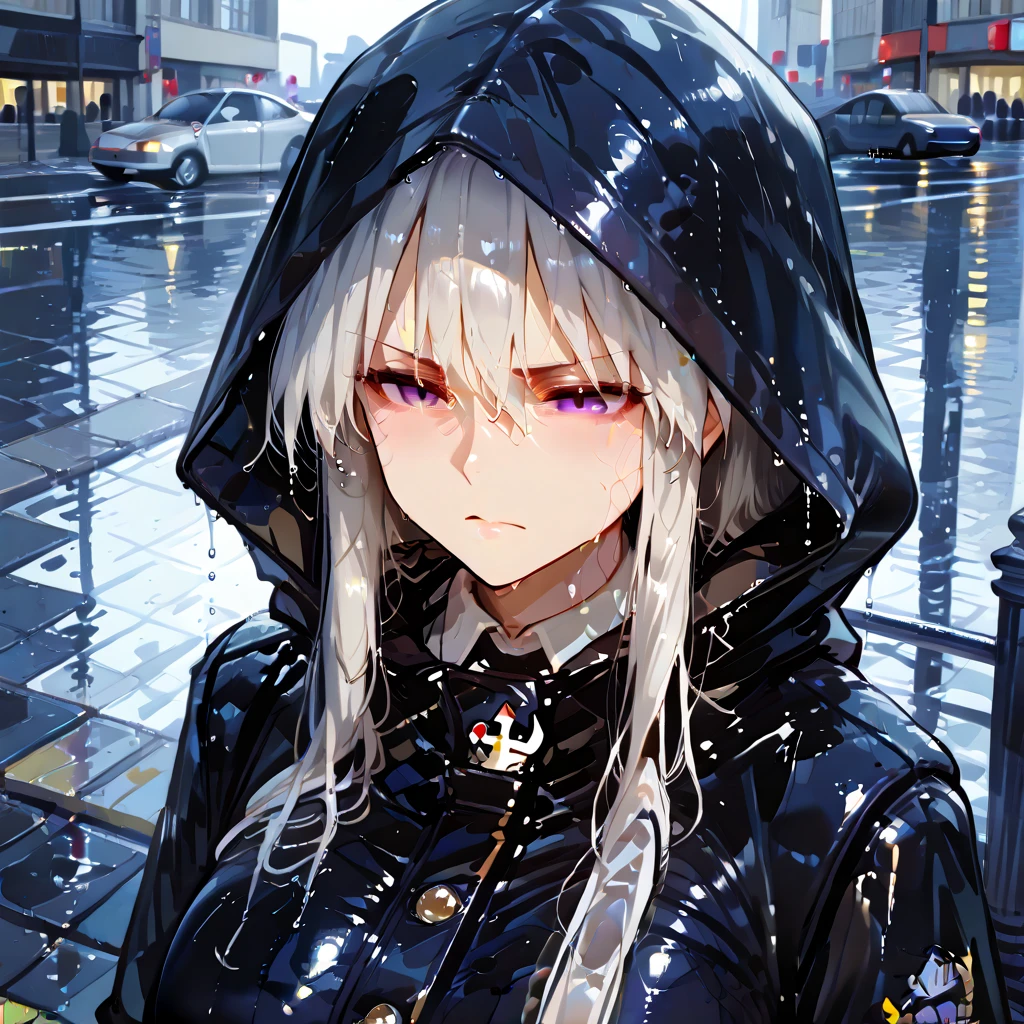 A woman wearing a black raincoat with yellow details, woman with silver hair, wet hair, purple eyes, serious face, on a sidewalk in a big city, , rainwater falling on the place, sidewalk filled with water, close view of the woman. (Azur_lane, Enterprise.)
