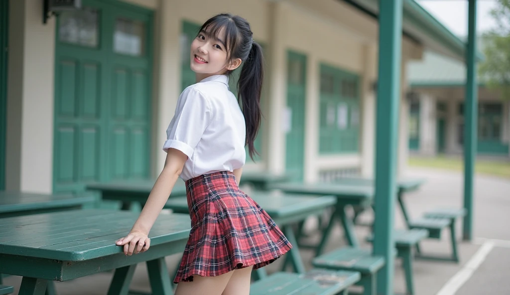 ((Skirt twisting))、pantie shot、japanese school uniform, open white shortsleeve shirt and red tartan miniskirt, sexy butt, K-pop idols、Highly detailed white skin、Beautie、One woman、20-years old、Brown short bob hair、middlebreasts、perfectly proportions、In cafe shop、Skirt grabbing poses are free, showing white panties to the viewer, butt up, back pose, swinging skirt, beautiful butt