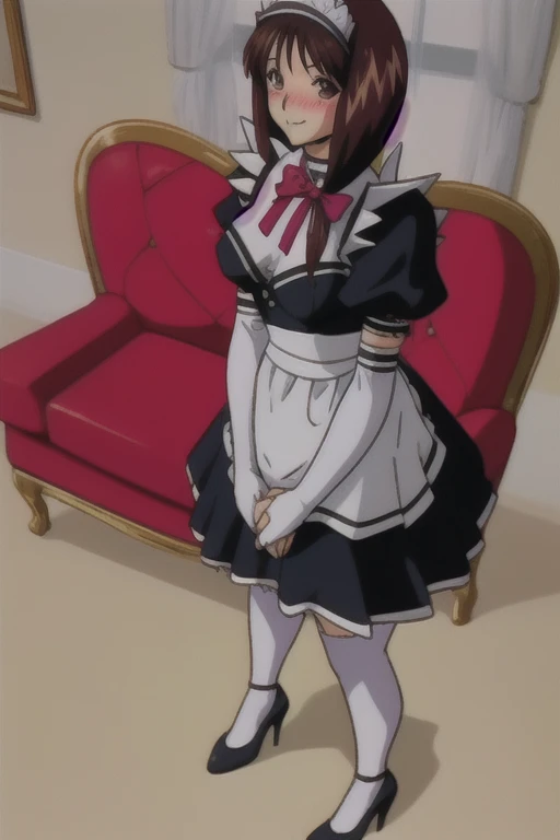 (masterpiece, best quality), intricate details, <lora:Nero_SecreBLCV:0.8>, 1girl, solo, Nero, black hair, short hair, ahoge, red eyes, horns, striped maid, maid apron, maid headdress, shoes, crossed legs, goddess, indoors, looking at viewer,