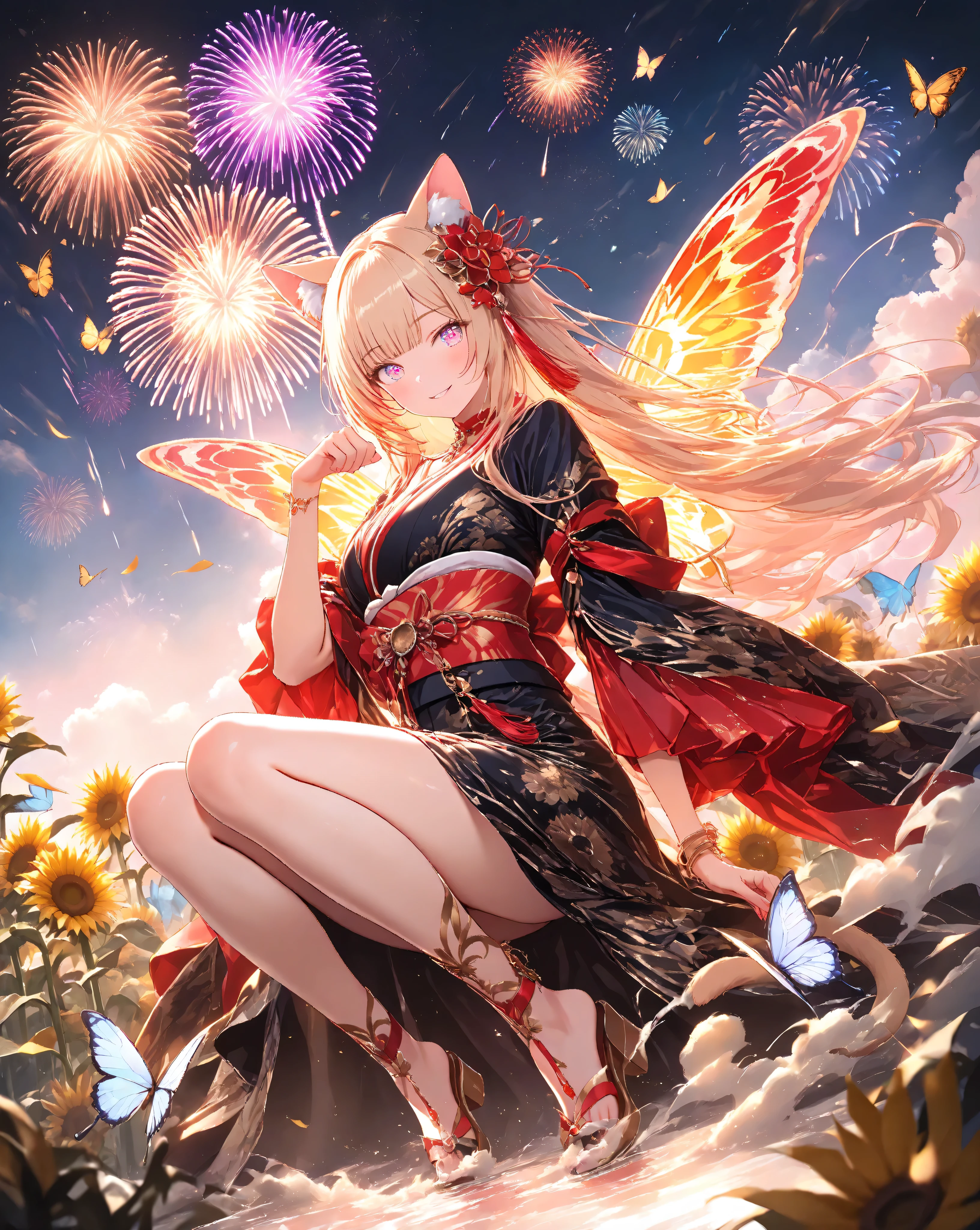 Quality: 
(high score), (masterpiece, detailed:1.2), (ultra-detailed), (ultra-quality), (super-resolution),

Art Style: 
(photorealistic):1.4, (2.5D):1.5, (warm cinematic lighting):1.5, (volumetric light rays):1.4, (vibrant sunset to night palette):1.3, (ethereal atmosphere):1.2, (dreamy aesthetic):1.1,

Subject: 
(Foreground), (Breathtaking Fairy Cat Woman):1.5, (Sassy Paw pose):1.2, (triumphant-grin):1.4, 
(delicate vivid eyes), (delicate lips),(smooth Slender body lines):1.3, (translucent skin), (graceful legs), (delicate contours), 
(blonde hair with Soft Light):1.2, shimmering with light, detailed strands, silky texture, flowing in wind, natural highlights, (delicate cat ears):1.3, (delicate cat tail):1.3, (kimono with cat tail):1.2,

Outfit: 
(black kimono with gold floral patterns):1.6, (soft chiffon fabric):1.4, (golden obiage):1.3, (red obijime):1.3, (golden fukuro obi with floral pattern):1.4, (zori sandals), draped sleeves, red collar accents, red ribbon in hair, sunflower hair ornament,

Background: 
(night sky with vibrant fireworks):1.5, (colorful bursts in red, gold, purple), (orange to dark blue gradient), (sunflower field):1.4, (sunflowers facing sky), (detailed petals), (bokeh effect):1.3, (shallow depth), 
(distant hills):1.2, (blurred background), (lighting to night), (lens flare), (moonlight rays):1.1, (dust particles), (sunflower petals to glowing butterflies):1.3, (iridescent wings with ethereal light), (butterflies with fireworks), (glowing trails), (magical particles),