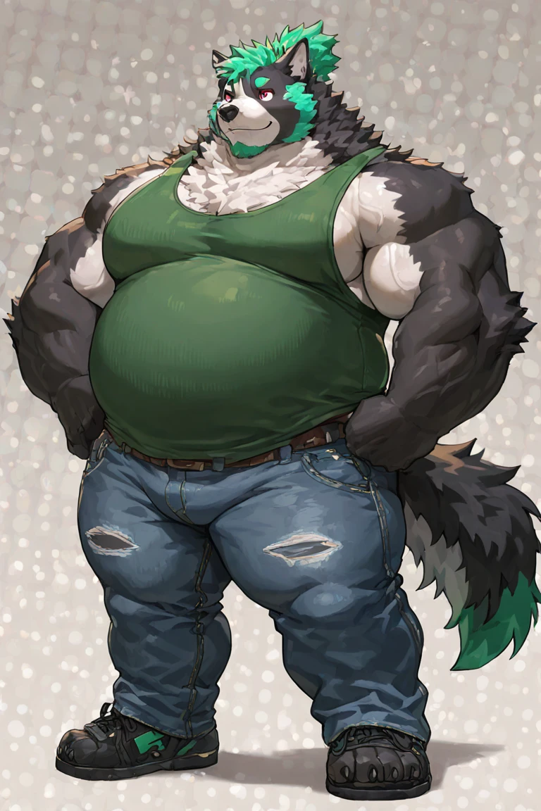 ((solo)), anthro wolf , Legoshi, beatsars, adult, dense fat, bara (fat:1.1), (correct anatomy:)2.8, (soft body):1.0, (detailed fur texture:1.3), background (gym:0.5), (black sweatpants), (bare torso), bare paws, Large belly,(belly size:1.8) (detailed clothing), ultradetailed, by grimfaust, A person squirming around in his belly, natural lighting, (sweat:1.0, wet:1.0, lots of sweat dripping down), vascular veins, canine head (detailed eyes), (steaming breath:1.2), ((pleased:1.4) expression), (view from below:0.5),best quality,