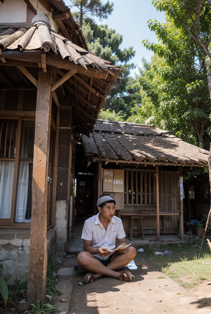 Image description: An illustration depicting a young boy named Vikram in a rural village setting. He is standing near an old tree, holding an ancient manuscript in his hand with a look of determination and realization on his face. Around him are his friends, also looking at the manuscript with curiosity and excitement. In the background, the village is depicted with small houses and a scenic countryside. The image conveys a sense of discovery, adventure, and the importance of determination in achieving one's dreams.
