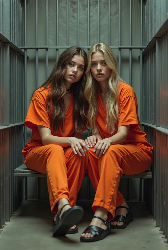 A beautiful Instagram model, long black hair , at prison shower , beautiful make up , orange prison jumpsuit, full body view, in cage, two girls , sitting