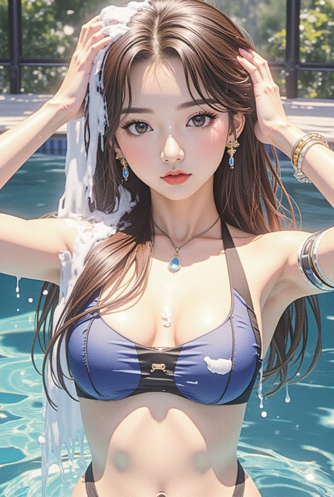 Girl with glasses，（best qualtiy，8K，tmasterpiece:1.3），Goose egg face，largeeyes，long eyelasher，With bangs，Cool handsome，Domineering，Exquisite（live-action realistic style），Star-like eyes，Ultimate face，Photorealistic light and shadow，Clear facial features，Milky white skin，Fair skin， highdetailskin， Realistic skin details， Visible Pore，（Super detail），Petite body，（perfect bodies：1.1），Carmelto， full bodyesbian，beachside，swim wears，sandbeach，Tattooed with，（（dynamicposes），and hold your head in your hands，Be red in the face），（（early evening，Get wet with water）），((Dynamic background((Rough waves)) ，Dramatic scenes