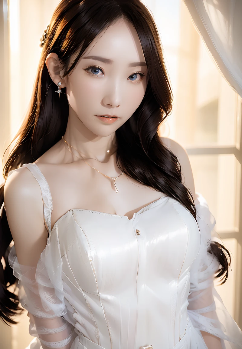 masterpiece, highest quality, Very detailed, To the camera, 複雑に詳細なVery detailed, Realistic, Sharp features, Very detailed, Sharp focus, Perfect Face, Perfect Face, Perfect symmetry and perfect eyes, Perfect Plump Lips, Flexible female form, Cinematic, Film Light, Very detailed, hyper Realistic, masterpiece, Atmospheric, High resolution, Vibrant, Dynamic Studio Lighting, ((Dark Background)), The expression when enduring pleasure, Straight bangs, blue eyes,,Exposed thighs、garter belt、Sexually aroused expressions、White Wedding Dress