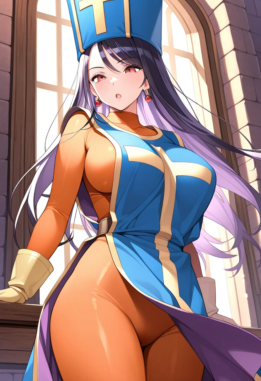 Satsuki Kiryuin, Satsuki Kiryuin from Kill-la-Kill, big breasts, voluminous breasts, curvy breasts, mesh stockings, standing with a katana, full height, bottom view, best quality, very detailed, ultra 8k resolution,huge breast, coat , vest, long skirt, portrait, full body, victorias clothing, long dress, knight, pants, black skinn suit, medieval city, plants, vest,polo shirt, forest, long dress, big robe