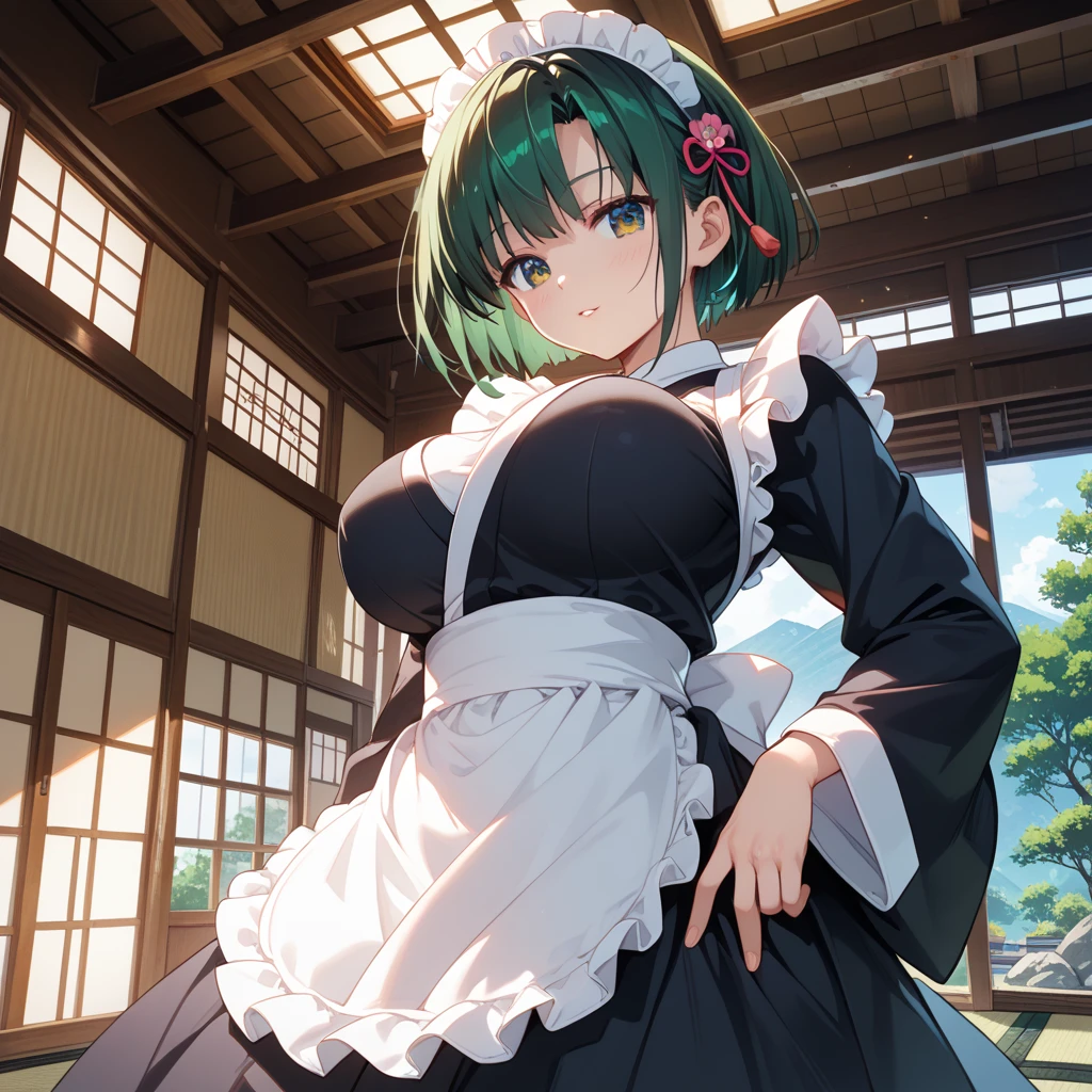 smile, japanese house interior, looking at viewer, apron, voluptuous bust, mature woman, apron, 1girl, pov, open the door from inside, doorway, indoors,Green hair,