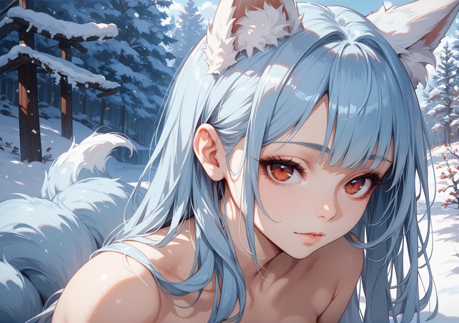 (superflat, flat shading, flat colors:1.1), snow, winter forest, (closeup), 3girls, 10yo little, lolis, (flat chest), white hair, (big white fox ears), ginger hair, (big ginger fox ears:1.1), black hair, (big black fox ears), naked, nipples, submerged in water in a pond, hot water, steam, smile, pleasure, bright sunlight, white, best shadows, watercolor,