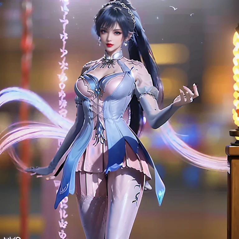 Using a white blue cheongsam, Dance style inside a traditional Chinese big temple, blue eyes, masterpiece, UHD, Big eyes, full body