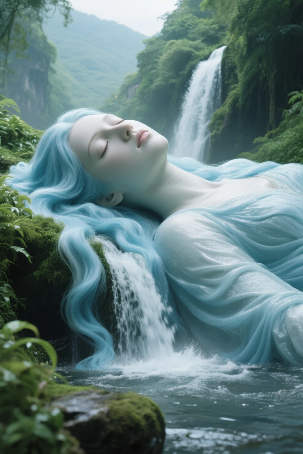 One giant goddess sleeps on her back like a waterfall、gentle face、Flowing light blue hair flows as a waterfall、 waterfall basin、 Beautiful Sights 、Distant view、overgrown green、、top quality、uncensored