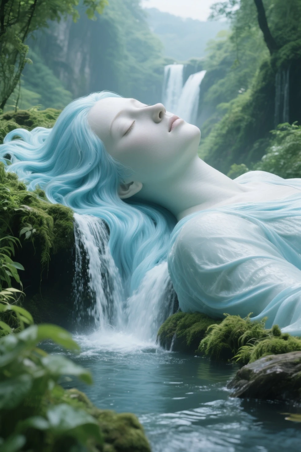 One giant goddess sleeps on her back like a waterfall、gentle face、Flowing light blue hair flows as a waterfall、 waterfall basin、 Beautiful Sights 、Distant view、overgrown green、、top quality、uncensored