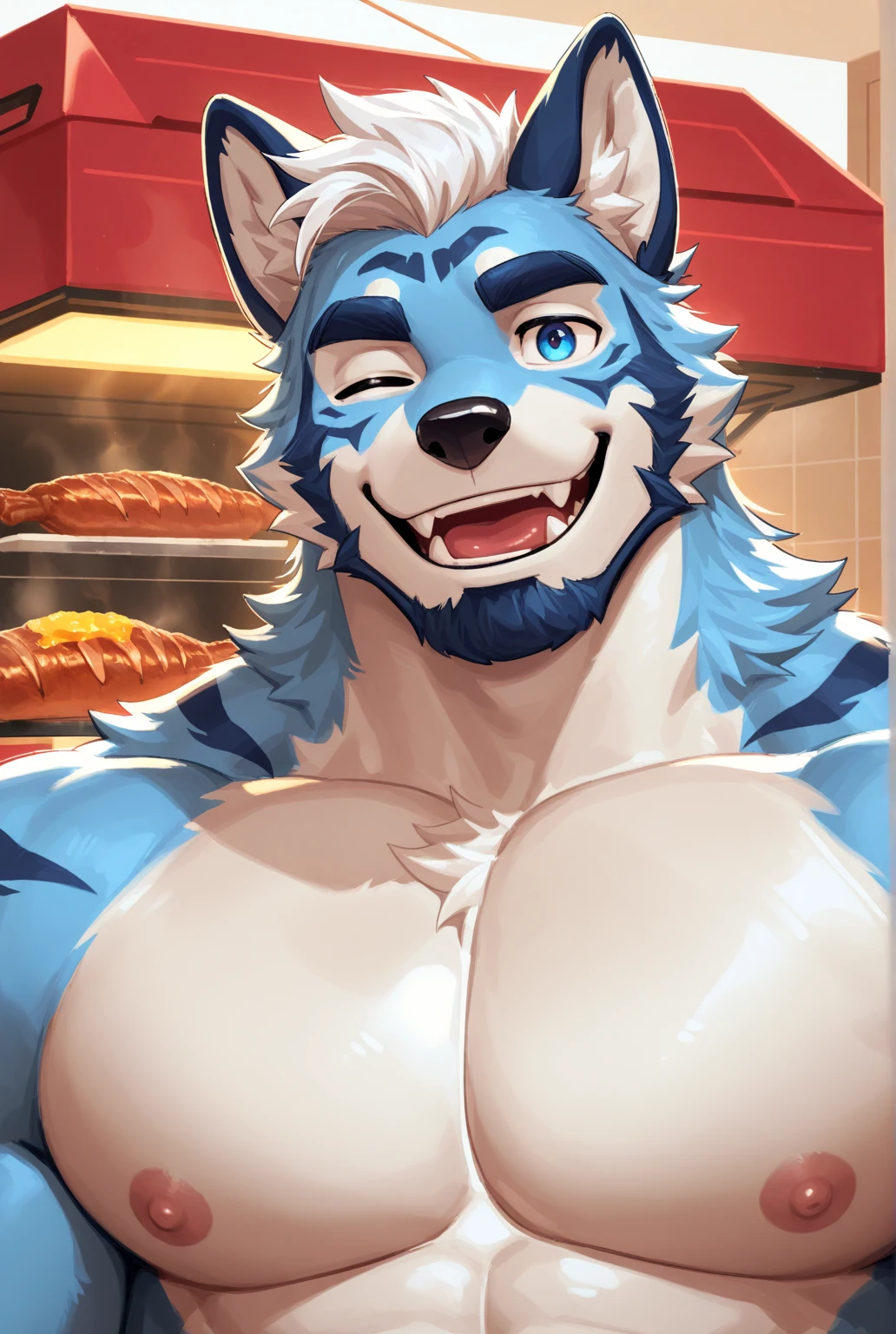 two beautiful furrys. males, in the kitchen cooking, shirtless, with ectomorph body,both naked with cock out
