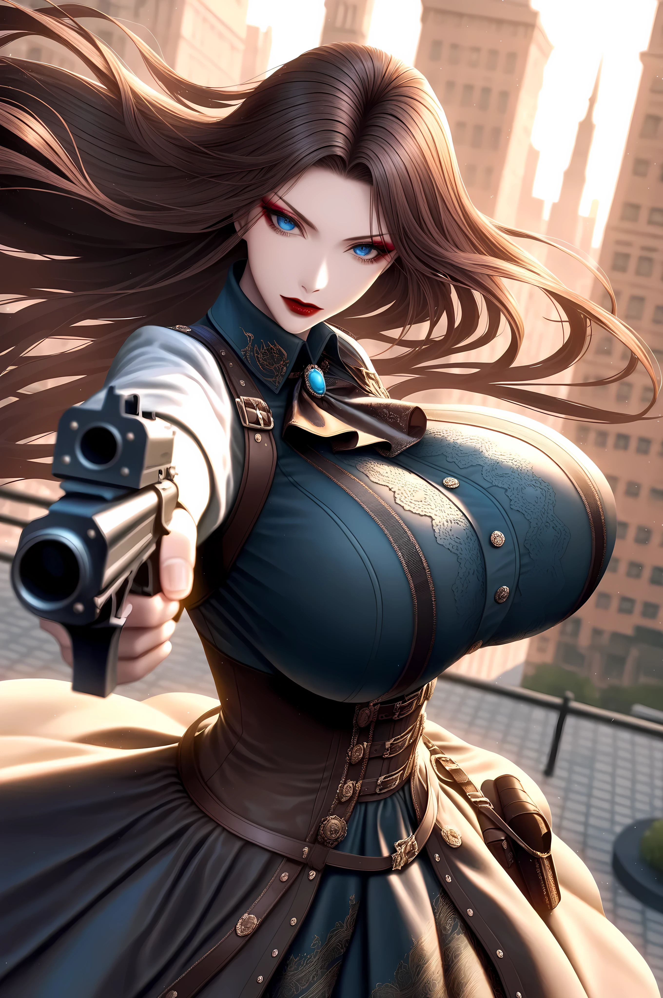 8k, detailed eyes, depth of field, subject focus, masterpiece, best quality, high quality, absurdres, highres,
solo, brown hair, long hair, blue eyes, eyeliner, makeup, lipstick, voluptuous body, gigantic breast, ethereal beauty,
steampunk, detailed fabric, celtic dress, runic patterns, gun,
close up, looking at viewer, action pose, dynamic pose, dynamic angle,
outdoors, city, (volumetric lighting:1.1), (cinematic atmosphere:1.1),