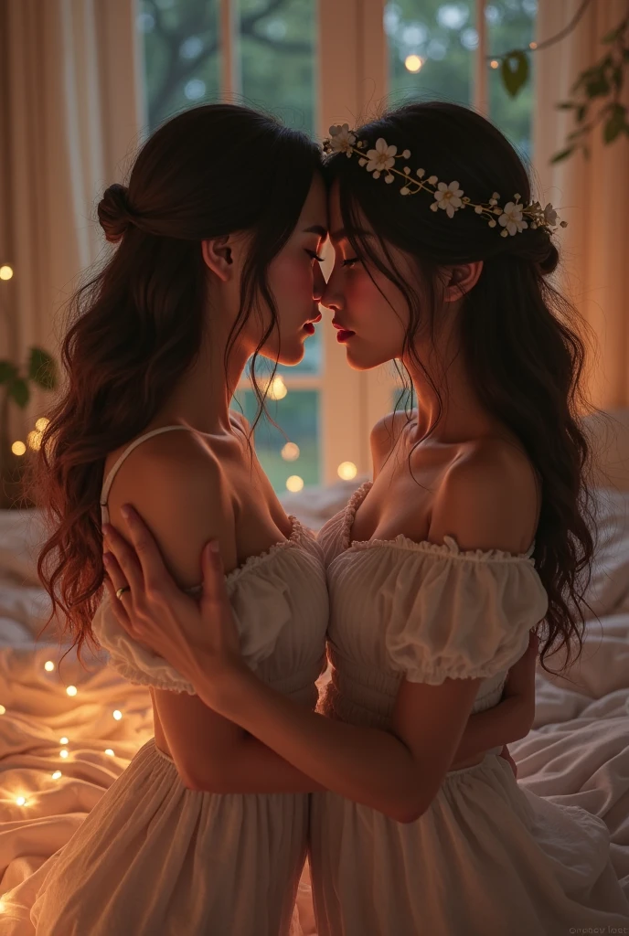 two girl kissing,,(bright lighting,romantic setting),dreamy background,,dark hair, mesmerizing gaze, , soft skin, alluring beauty, artistic portrait, high-quality image, vibrant colors,translucent long silk gown, mosquito net, lying down, romantic bedroom,bondage 