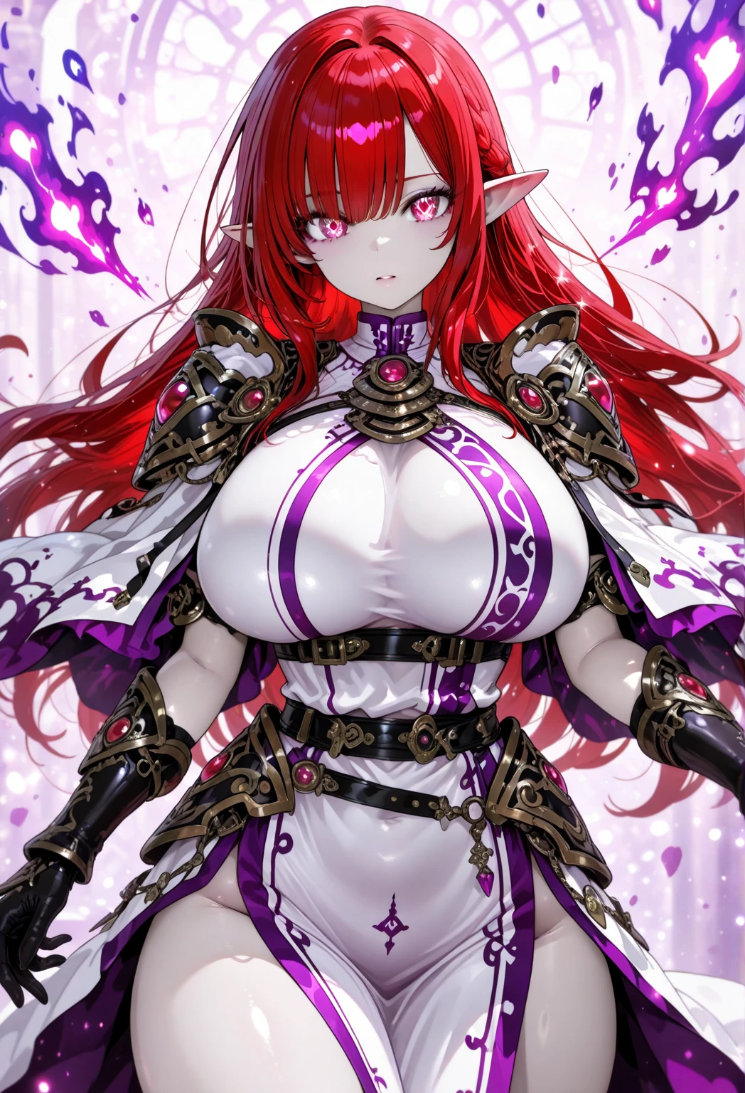 ((Highest quality)), ((masterpiece)), (detailed), （Perfect Face）、The woman is a naked demon queen, Devil Queen Extia Chevalier, wearing a shiny black full-body suit decorated with gold, a sexy female demon, Devil Queen Extia Chevalier、The woman is a female demon with magnificent devil horns, jet black devil wings, and a jet black tail. She is an Extia Chevalier demon with a happy expression as she looks at the camera, with red, medium-long hair in a ponytail and the expression of a girl in love.、The woman is Extia Chevalier