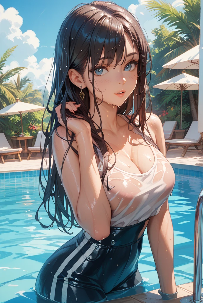 Highest quality,Highest Resolution,A crying beauty in a super high-cut swimsuit,Night Pool,Night view,Back view,up,Very beautiful eyes,(((Drink a drink))),(((Open your mouth and drool))),(((Sweat profusely)))Tears,Big Breasts,(((Tback)))