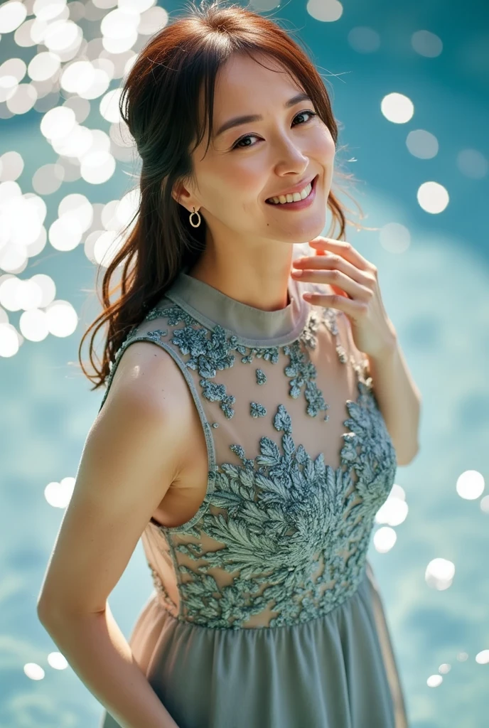 Pretty woman, dynamic pose, Smooth Movement, (water, water dress, Stream of water, controlling the water:1.2), subtle smile, full body, slim abs ,ultra-detailed face, detailed eyes, shiny skin, lustrous lips , detailed background, blue tones, ethereal atmosphere, Professional Lighting, Best quality, masterpiece, ultra high res, (photorealistic:1.4)