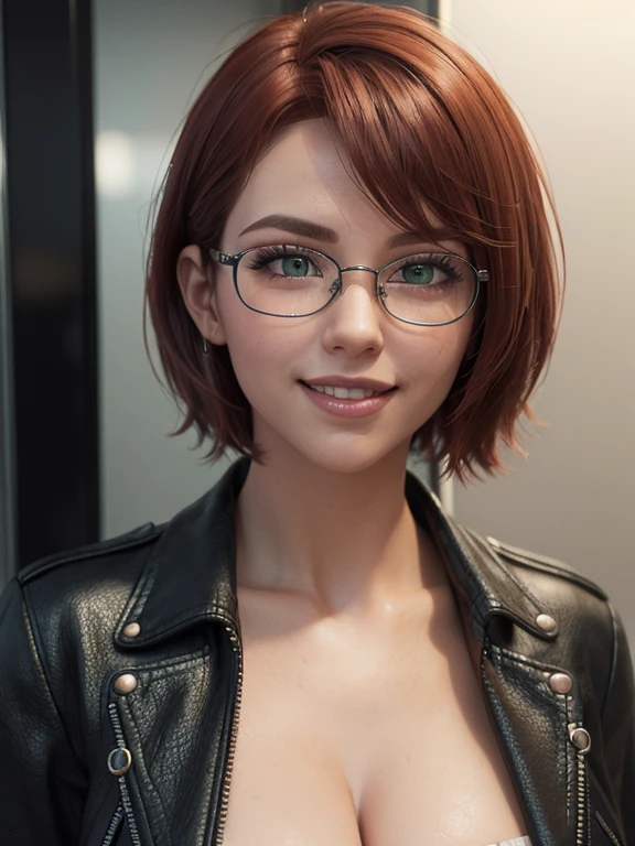 (masterpiece), best quality, expressive eyes, perfect face(masterpiece), best quality, expressive eyes, perfect face, a woman, 25 age, 80s style, short black hair, bronze skin, large breasts, brown leather jacket, amber eyes, aviator glasses, revealing bottom , shirtless,