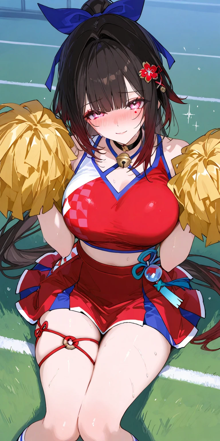 One girl, High resolution, lure、Gaze, Blushing, Thighs、Sexy with hearts flying、Twin tails, Cheerleader、mini skirt、Red hair, Large Breasts, Sweating、Ahegao,