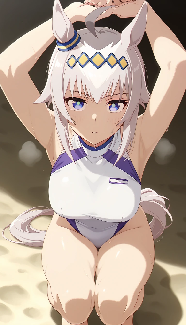 cute girls,round red eyes, White hair、Is behind,rabbit ears,big butt,sexy、smiling,Medium to long straight hairstyle、（big tits,she wears a silver swimsuit，In a rental house，Is behind，evening，it was raining outside，Upper body is wet..,whole body,she wears a silver swimsuit,she wears a silver swimsuit,sexy,purpurine