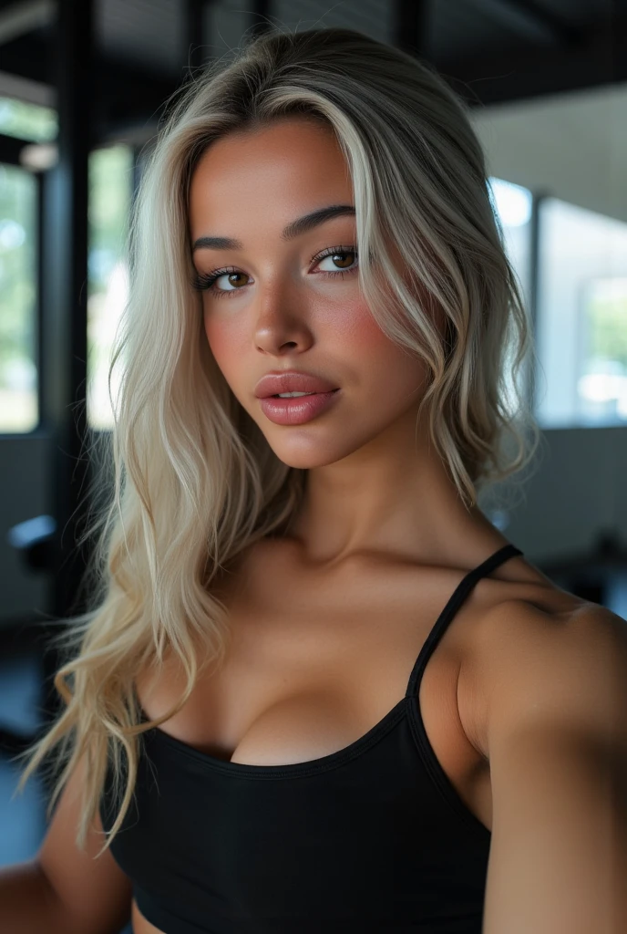 Young Thai woman, Fit physique, fitness physique, wearing sexy black lingerie sitting on the couch with legs open, corps sexy, (8k), (Best quality), (Masterpiece:1.3), (Realstic), (photoreallistic:1.34), Ultra-detailed, [beautiful detailed  eyes], (sourire), (sourire), (beautiful nose detailed), [very long blonde hair], (haut court), lingerie noire, (superbes seins taille normale), (gros plan), profondeur de champ, full body view, sitting on sofa, legs spread, showing crotch, pieds en l'air