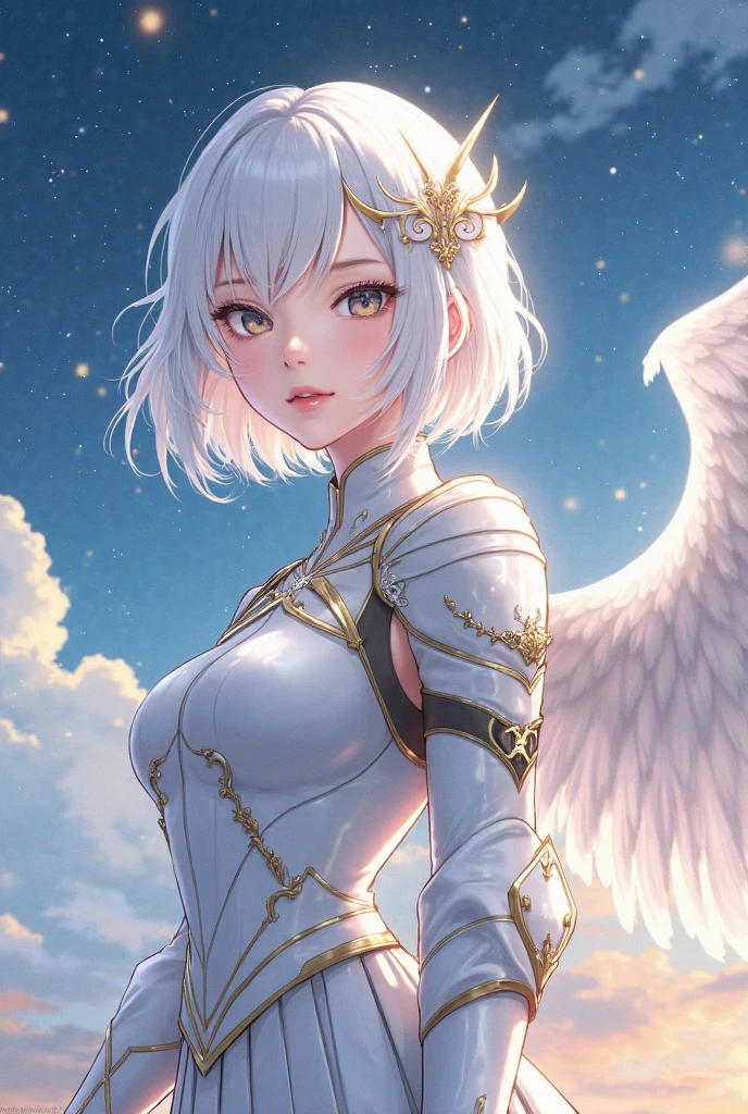 An angel in white robe and armor, There are three pairs of snow-white wings on its back, Holy Light, Heaven, Clouds, Divine atmosphere, UHD, textured skin, masterpiece, highres, anatomically correct, 16k, 1080P