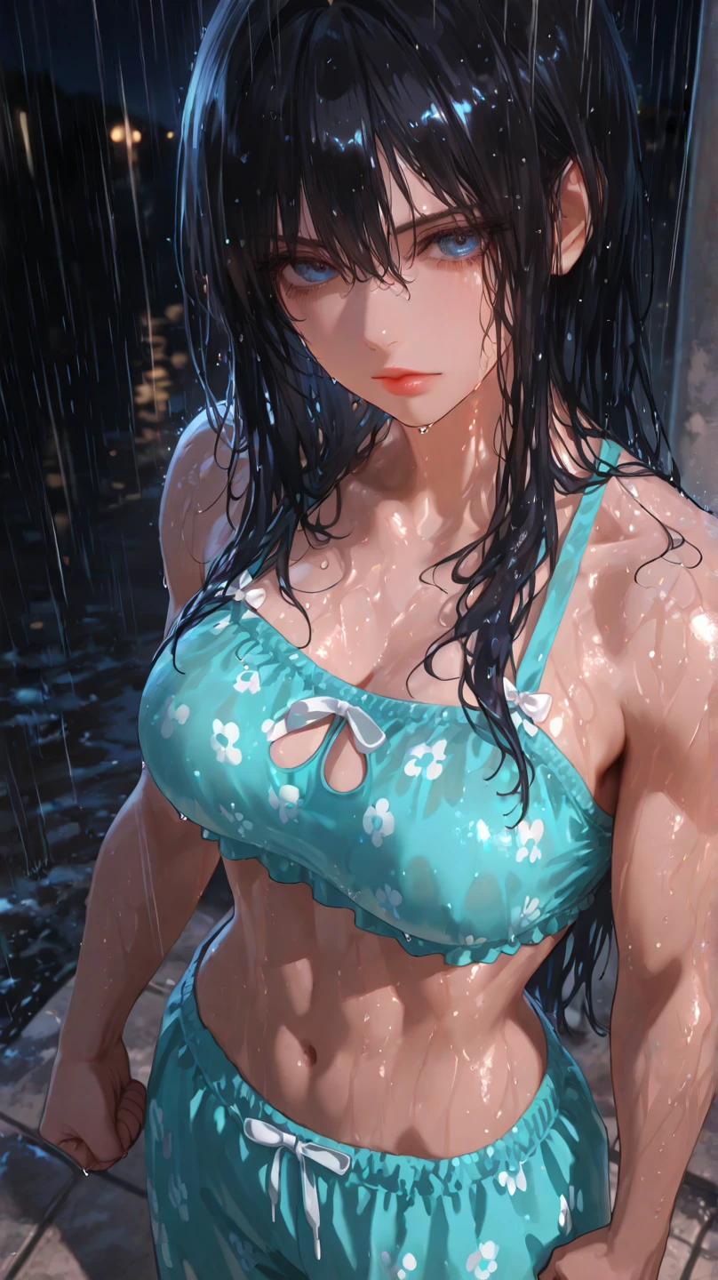 Watercolor painting, tattered clothes, torn clothes, from the front, armpits showing, wet from a fountain, detailed eyes of a gothic lolita girl, beautiful abs, ample cleavage, getting wet, ((so wet you can see through it)), dripping, wet clothes, soaking wet girlfriend, plain white U-neck, white miniskirt, looking like she's having fun, ((fell and fell on her bottom)), pouring rain
