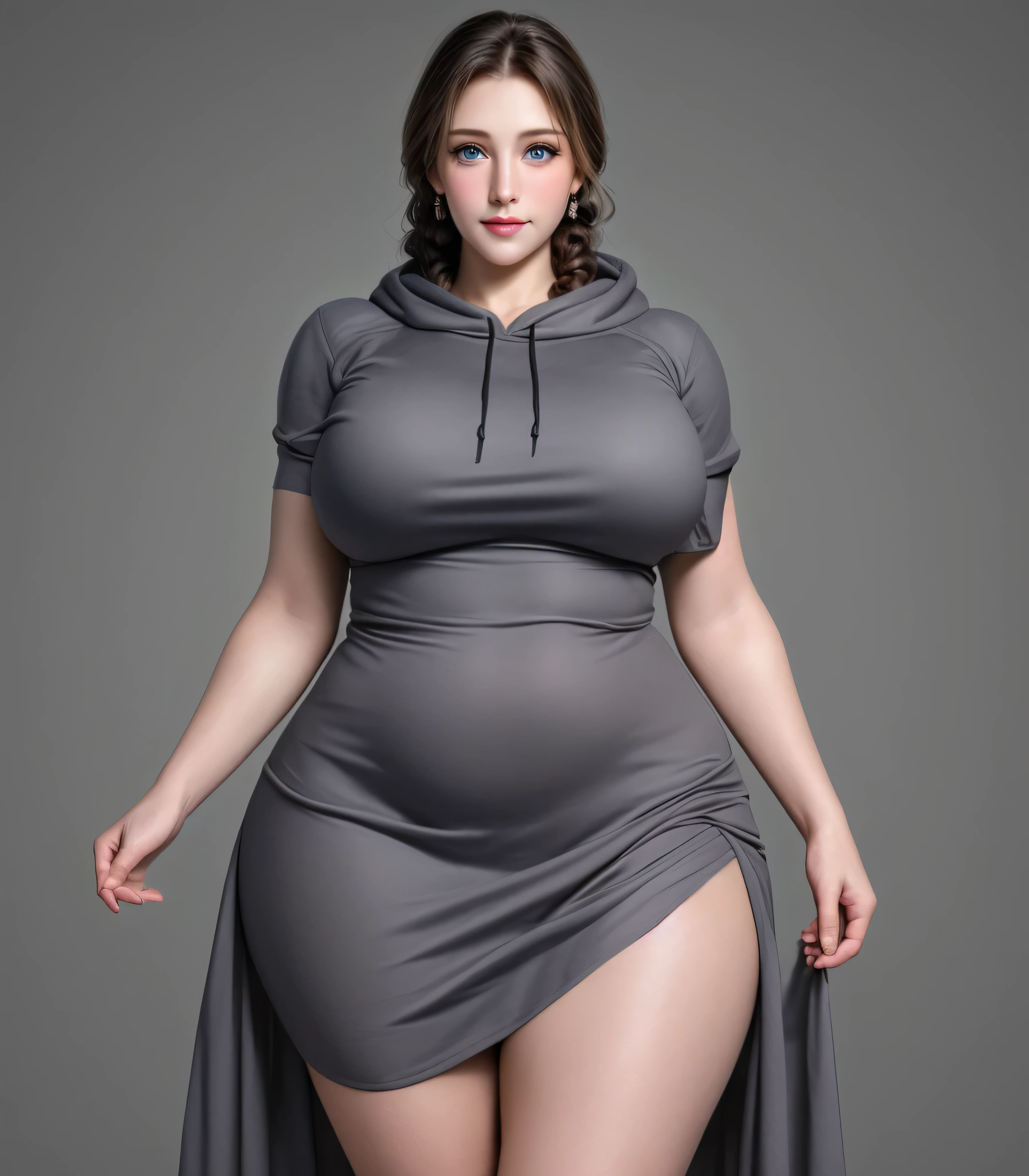 One Beautiful Ukraine Mature Women, 19 years old, Large Framed Beautiful Cute Women: 1.6, Big-boned: 1.55, Very Beautiful Matured Cute Women, Cute and Charming, Big Delicious Soft matured body, Large and significant top body portrait: 1.65, Deep Dark Gray Colour Clothes, Loose Yarns Clothes, Smooth Collared Long Loose Hoodie, Beautiful simple Collared Loose Hoodie, Frontal body clothes covered, (Full covered dress: 1.5), (((Upon body from head to thighs)), ((Masterpiece)), ((Highest quality)), (( Super realistic)), ((Ultra-detailed)), ((Illustration)), ((Detail intricated))), Hyper-realistic, Ultra-realistic, Highest resolution, 8K Wallpaper, Room soft light, Sweet fascinating smile, seductive and attractive appearance, Curvy Long Loose Hair, Dark Long braids hair, Long Braids Hair to the legs, Best Long braids hair details, Soldier stand, Lady standing posture and perfect balance, Look at the viewer and camera, Young realistic front face, Perfect face details, Jewelry blue eyes, Beautiful and detailed eyes, Perfect captivating eyes, Perfect noses & ears, Perfect mouth & lips, Best facial balance, Perfect detailed fair skin, Glowing Skin, Natural Small Breasts, Perfect balanced Breasts, Wide shoulders and arms, Perfect big shoulders: 1.7, Balanced Large beautiful waists, Balanced beautiful hips, Perfect hands and Fair Skin, Perfect fingers, Hyper-Realistic Hands & Fingers, Best image quality, Fine-grained image quality, Simple Grey colour background, Dark-Gray Background, Extreme details, Professional balanced large body, Fully Colth Covered Body, Plump Soft Appearcance, Entire body clothes covered, Exreme Cute Appearance, Fully Covered Dress with Short Sleeves, Deep Dark Gray Hoodie Dress, When view from the front, the whole body is perfect lady standing posture, look direct at the viewer, both hands hanging down naturally, Frontal Body Posture Standing, Soilder Straight Standing Posture, Best Fingers Details, Long hair to the legs, Frontal Face: 1.8,