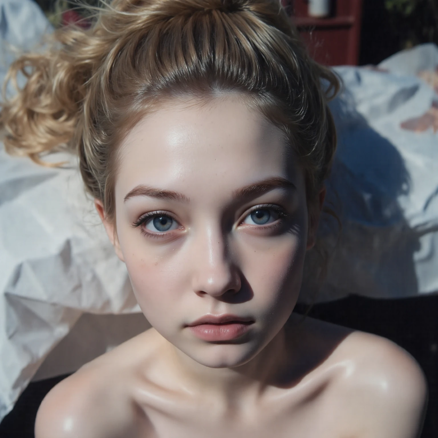 high quality，detail，12 year old American girl, long blonde hair, sleeping soundly in bed,wearing pink pajamas，bare belly，Natural and authentic，lightingandshadow